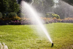 Watering in a beautiful lawn with the help of sprinkler system installation