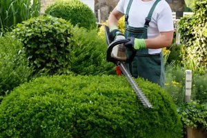 Professional landscaper trimming green bushes with hedge trimmer during routine landscape maintenance in Austin, TX