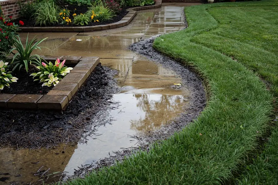Rainwater pooling along a concrete walkway bordered by fresh mulch and grass, showing poor yard drainage near a flower bed after heavy rainfall.