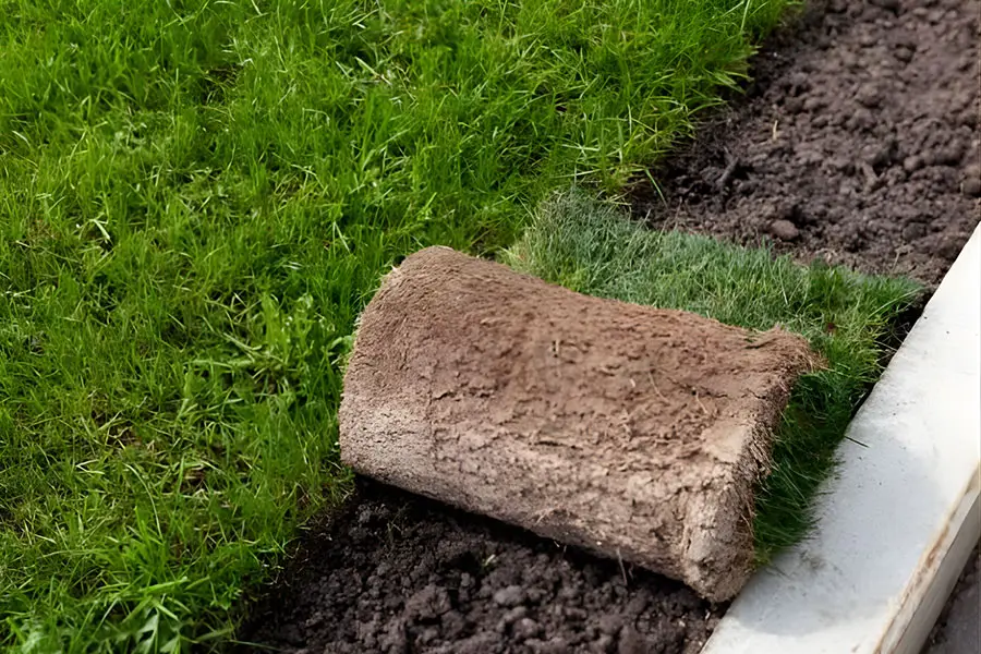 Sod being installed on freshly leveled soil to prepare a yard in Austin, TX