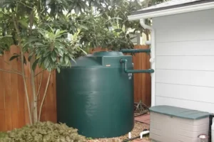 Green rainwater harvesting tank connected to a home gutter system for irrigation in Austin, TX, showing a residential rainwater collection setup for water conservation.