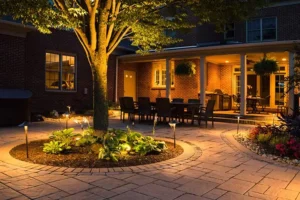 Professionally installed outdoor landscape lighting illuminating patio, tree, and walkway at night in Austin, TX home for safety and curb appeal