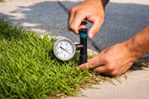 A technician is checking sprinkler system water pressure using a pressure gauge attached to a sprinkler head in a residential lawn near a concrete walkway.