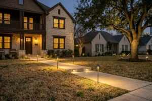 Low-voltage LED pathway lighting improving nighttime visibility and safety at an Austin residential walkway