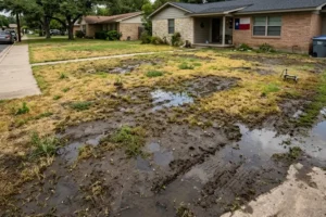 Standing water and muddy lawn caused by underground drainage problems in an Austin TX residential yard