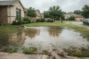Standing water pooling in a residential lawn after heavy rain, highlighting poor yard drainage and the need for professional drainage contractors in Austin, TX to prevent flooding and foundation damage.
