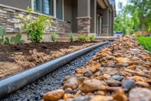 Residential drainage system installation with underground piping, gravel, and river rock designed to move water away from the home.
