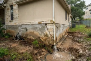 A home with visible foundation damage and muddy standing water collecting along the exterior, showing signs of poor drainage and water-related soil erosion.