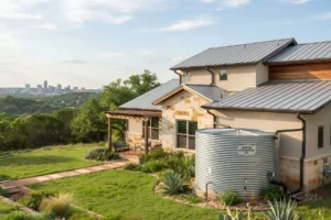A large corrugated metal rainwater tank sits beside a hillside home with stone and stucco walls and a standing-seam metal roof, city skyline visible in the distance.