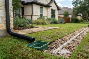 A downspout drains into a French drain system, with water flowing through a black corrugated pipe into a green catch basin connected to a gravel-lined trench and perforated pipe, in front of a stone house.