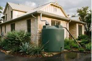 Large green rainwater harvesting storage tank connected to roof gutters and downspouts beside a landscaped home in Austin, TX.