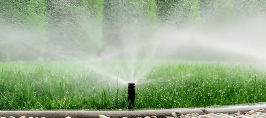Sprinkler system watering a green Austin lawn after pre-spring irrigation system inspection and adjustment by local irrigation specialists