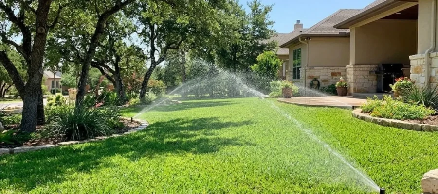 Residential lawn sprinkler system watering green grass in Austin TX backyard, showing efficient irrigation system installation and even water distribution for healthy landscape