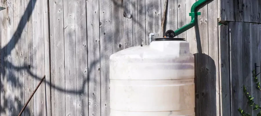 white rainwater catching barrel